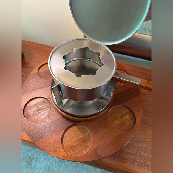 Read STELTON Denmark Fondue Set MCM Mid Century Modern Teak Lazy Susan Stainless - Picture 3 of 16